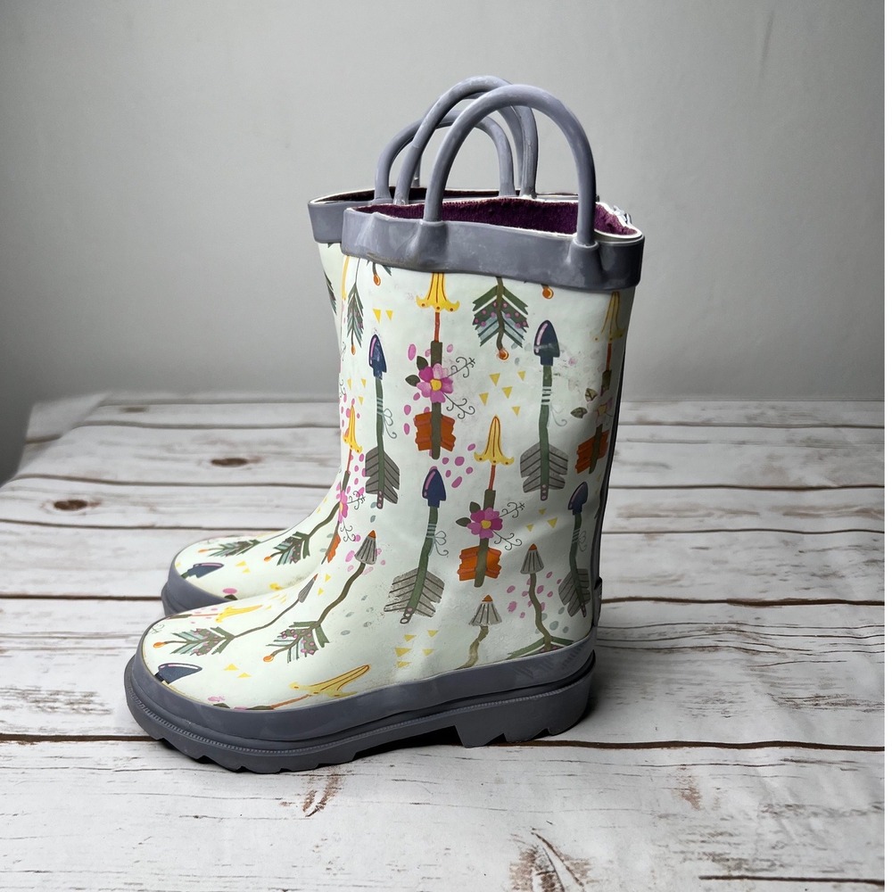 Twister Rain Boots Gray Arrow Floral Print Pull On Handles Size XS 10/11